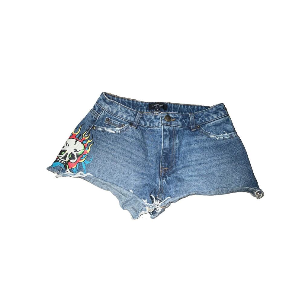 Ed Hardy Flame Skull Denim Jean Shorts Womens Size Small Wash Y2K Grunge (N27) - Picture 4 of 4